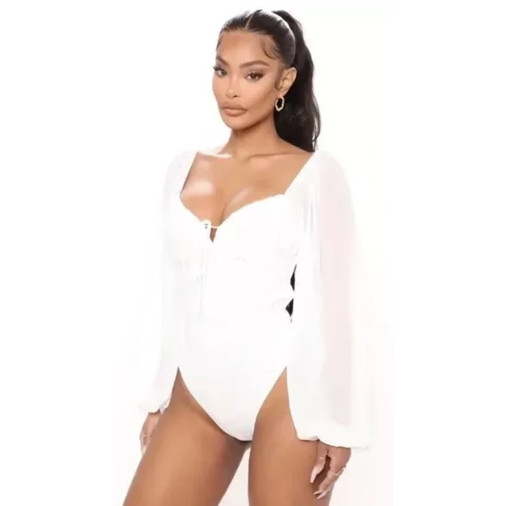 Fashion Nova White Bodysuit Sheer Balloon Sleeve Tie Back Lingerie Size Small